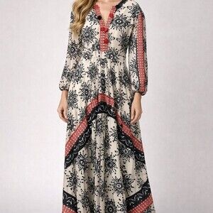 Sheryl Crow Maxi Dress Womens L Ivory Black Floral‎ Boho Peasant V-Neck
